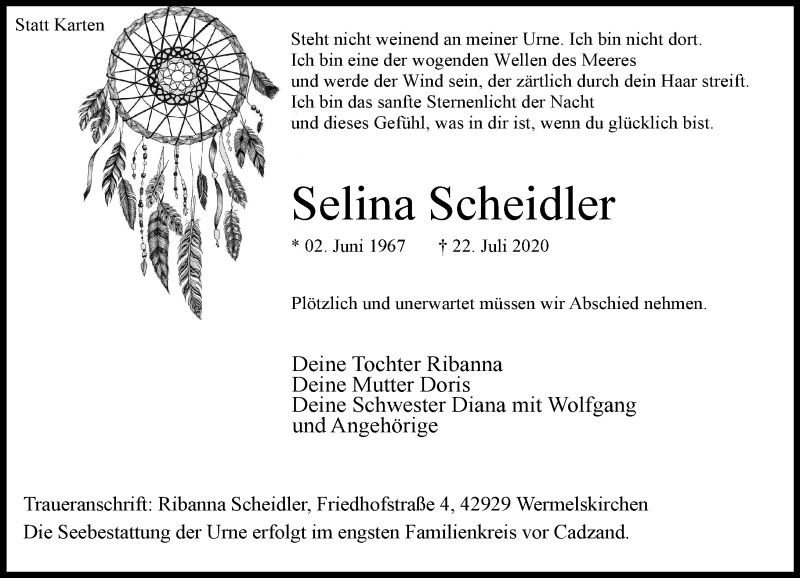  Traueranzeige für Selina Scheidler vom 01.08.2020 aus Rheinische Post