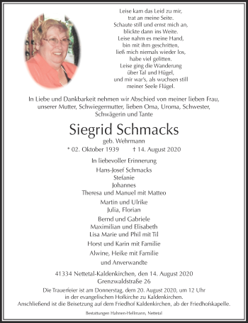 Traueranzeige von Siegrid Schmacks von Rheinische Post
