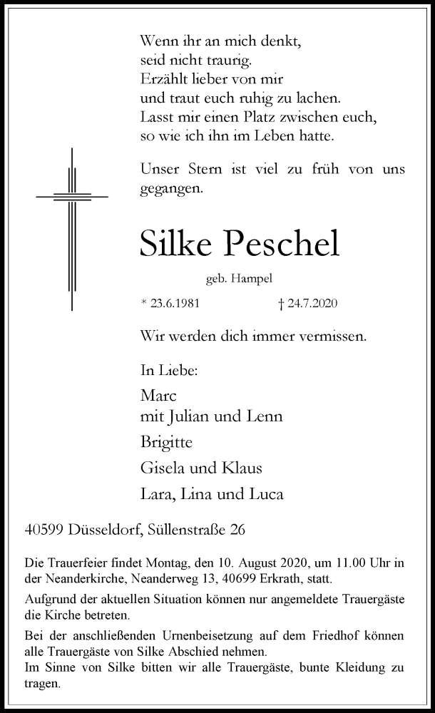 Traueranzeige für Silke Peschel vom 08.08.2020 aus Rheinische Post