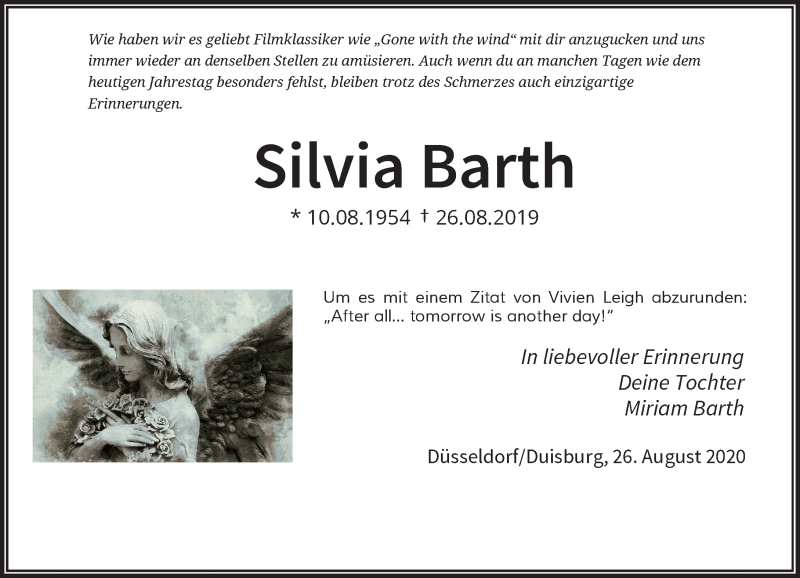  Traueranzeige für Silvia Barth vom 26.08.2020 aus Rheinische Post
