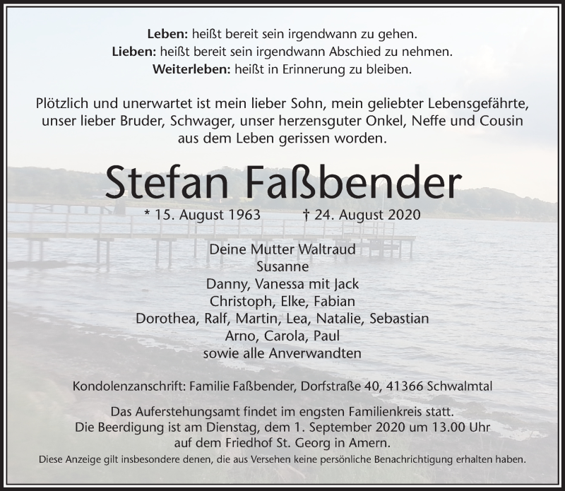  Traueranzeige für Stefan Faßbender vom 29.08.2020 aus Rheinische Post