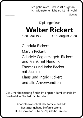 Traueranzeige von Walter Rickert von Rheinische Post
