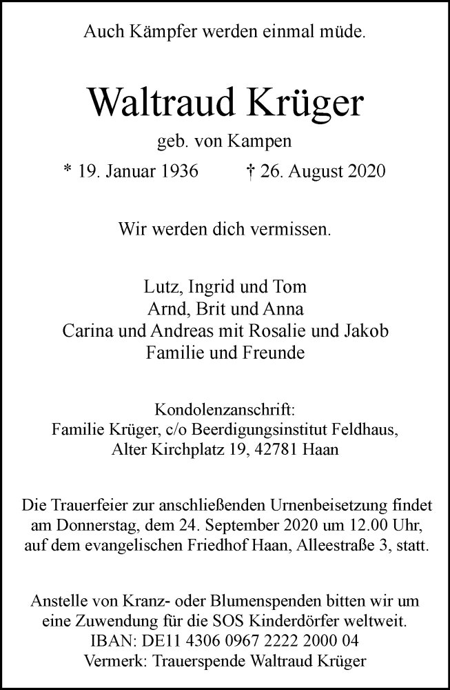  Traueranzeige für Waltraud Krüger vom 29.08.2020 aus Rheinische Post