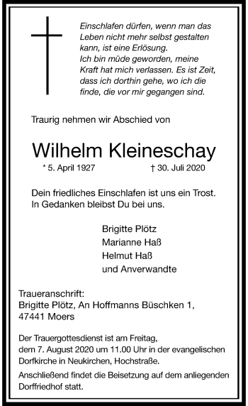 Traueranzeige von Wilhelm Kleineschay von Rheinische Post