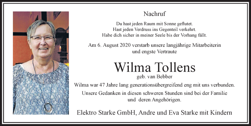 Alle Traueranzeigen für Wilma Tollens 