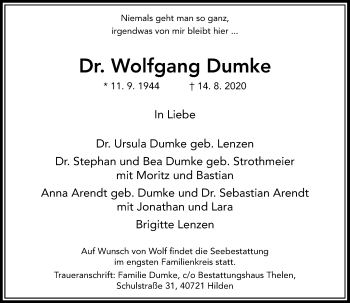 Traueranzeige von Wolfgang Dumke von Rheinische Post