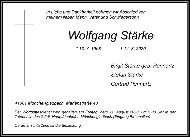  Traueranzeige für Wolfgang Stärke vom 18.08.2020 aus Rheinische Post