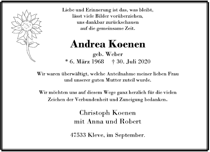  Traueranzeige für Andrea Koenen vom 02.09.2020 aus Rheinische Post