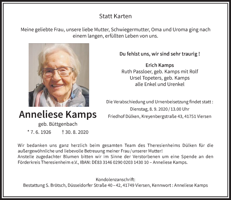  Traueranzeige für Anneliese Kamps vom 05.09.2020 aus Rheinische Post