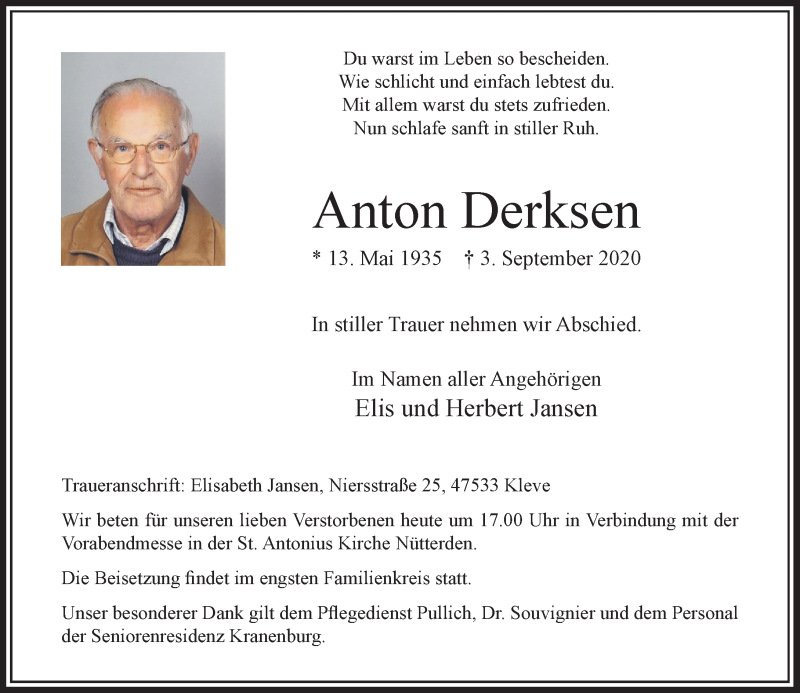  Traueranzeige für Anton Derksen vom 05.09.2020 aus Rheinische Post