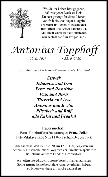 Traueranzeige von Antonius Topphoff von Rheinische Post