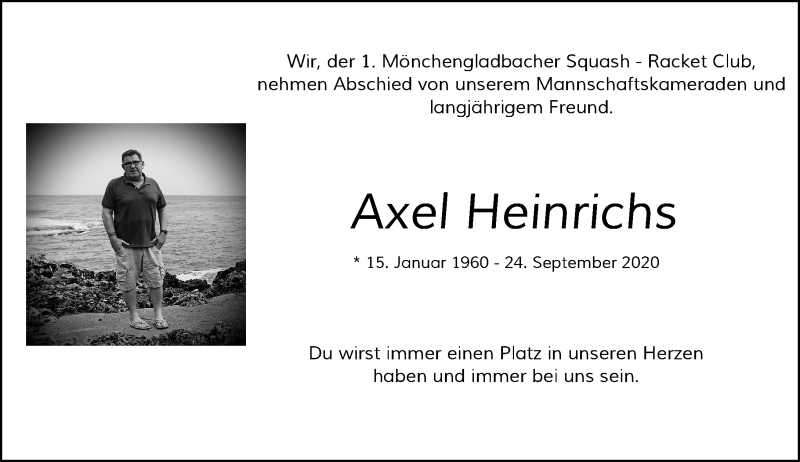  Traueranzeige für Axel Heinrichs vom 26.09.2020 aus Rheinische Post