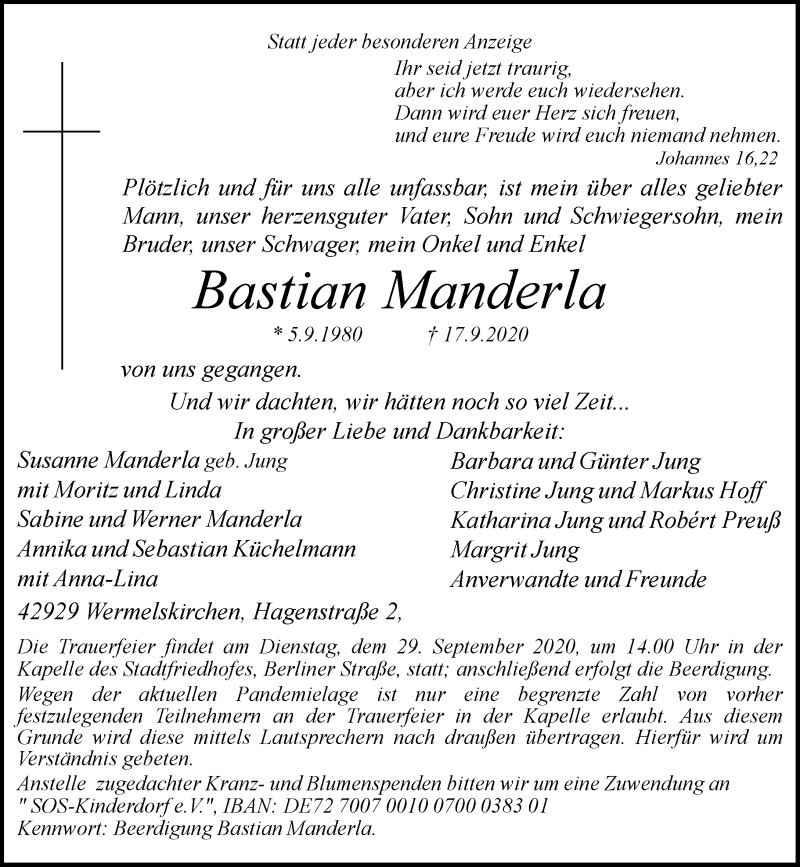  Traueranzeige für Bastian Manderla vom 23.09.2020 aus Rheinische Post