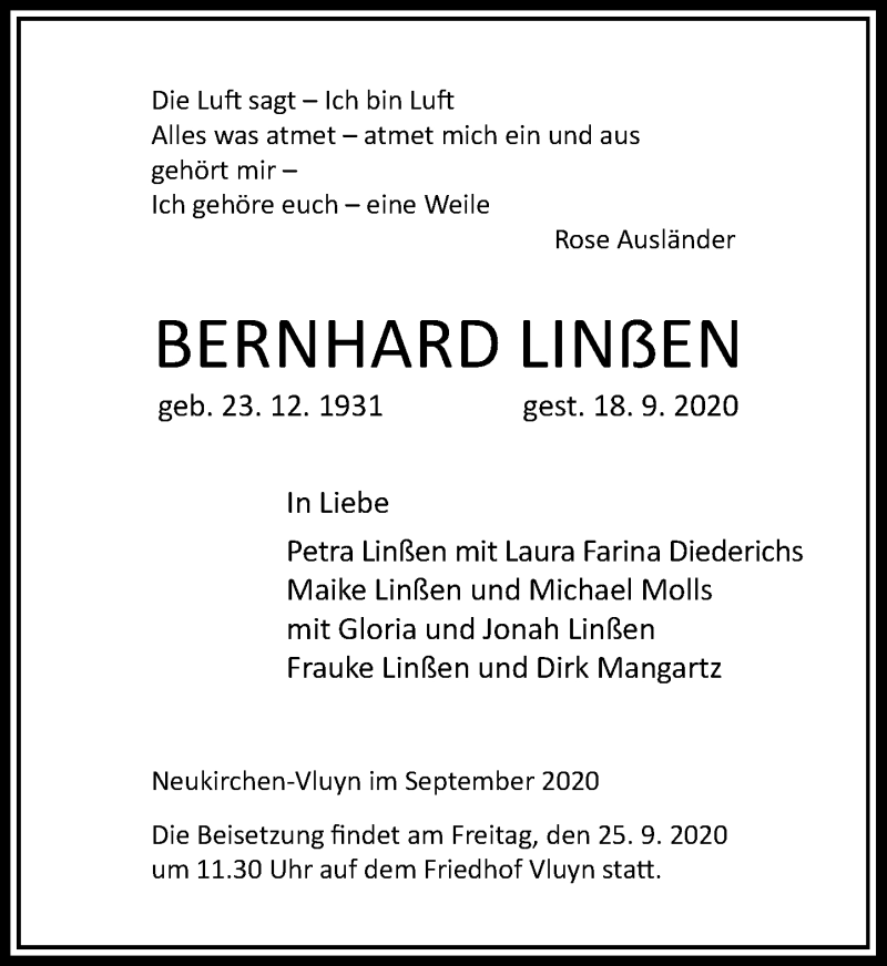  Traueranzeige für Bernhard Linßen vom 23.09.2020 aus Rheinische Post