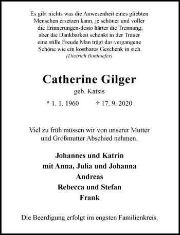 Traueranzeige von Catherine Gilger von Rheinische Post