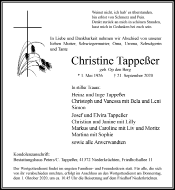 Traueranzeige von Christine Tappeßer von Rheinische Post