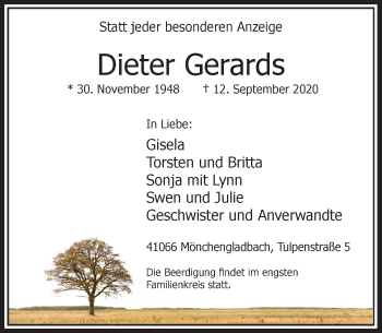 Traueranzeige von Dieter Gerards von Rheinische Post