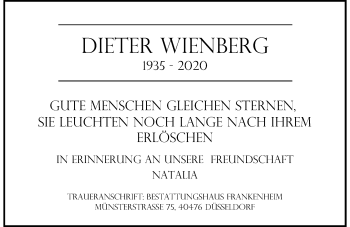 Traueranzeige von Dieter Wienberg von Rheinische Post