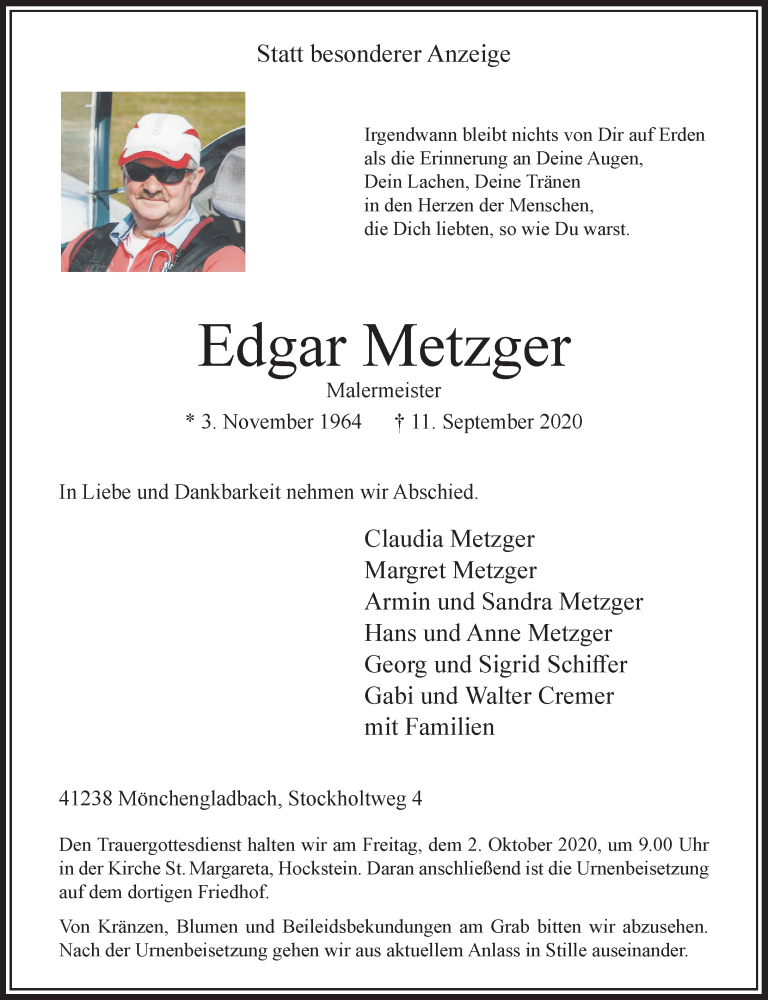  Traueranzeige für Edgar Metzger vom 26.09.2020 aus Rheinische Post