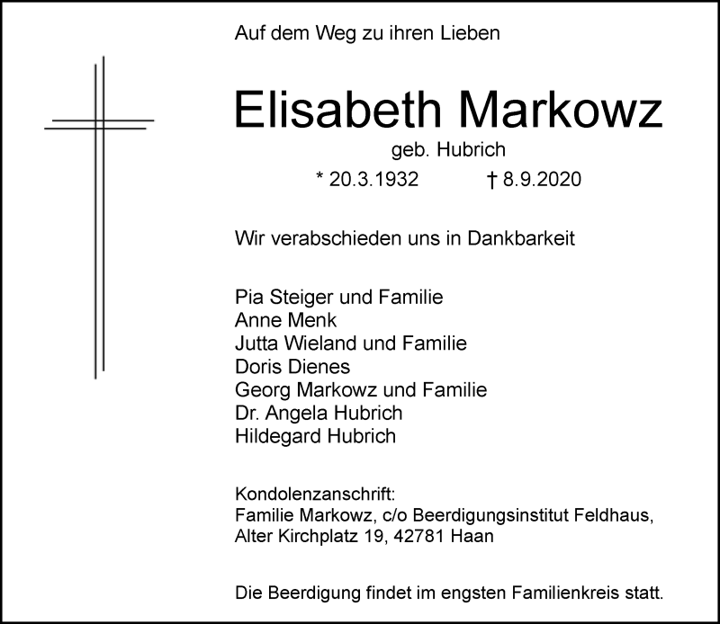  Traueranzeige für Elisabeth Markowz vom 14.09.2020 aus Rheinische Post