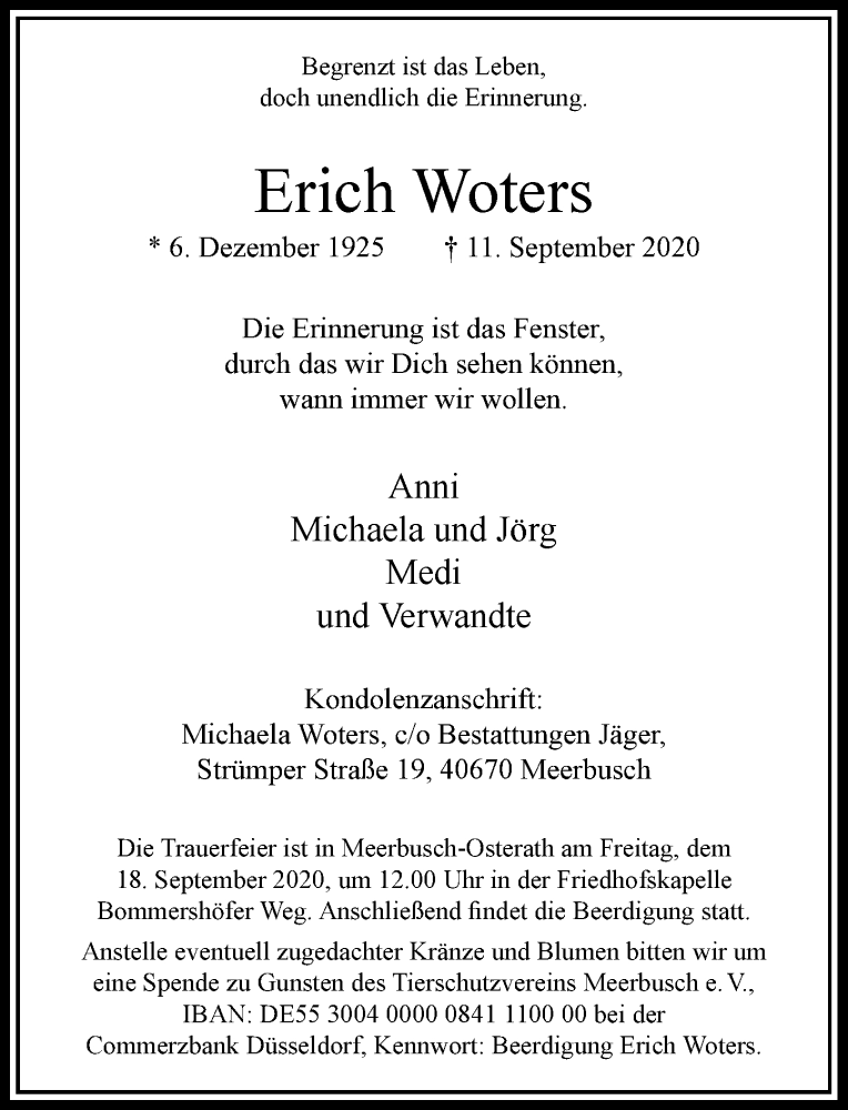  Traueranzeige für Erich Woters vom 15.09.2020 aus Rheinische Post