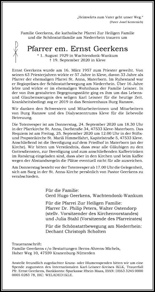  Traueranzeige für Ernst Geerkens vom 21.09.2020 aus Rheinische Post