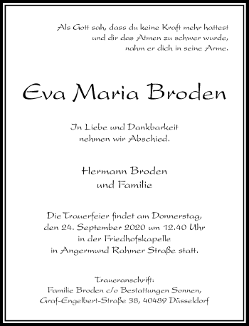 Traueranzeige von Eva Maria Broden von Rheinische Post