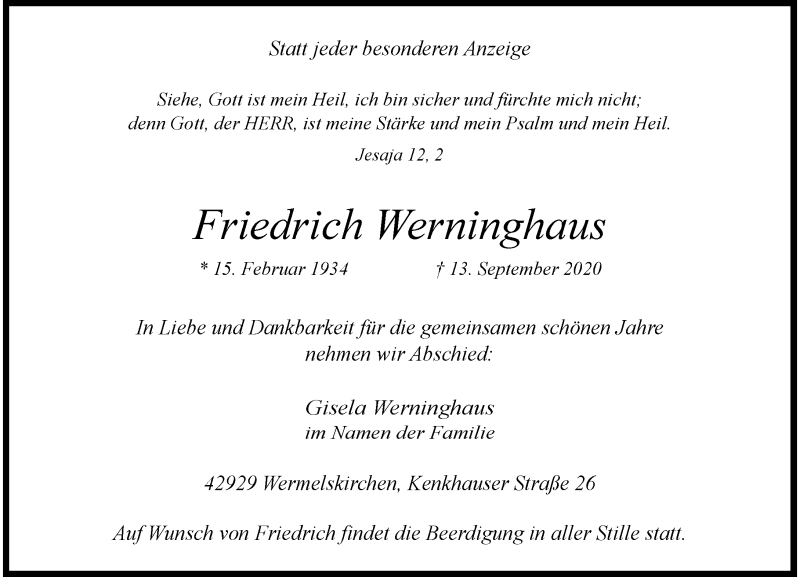  Traueranzeige für Friedrich Werninghaus vom 19.09.2020 aus Rheinische Post