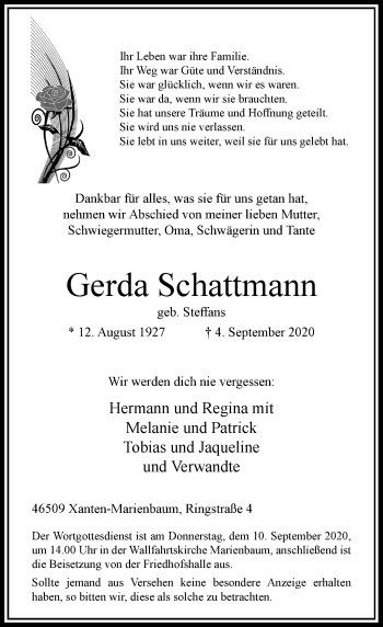 Traueranzeige von Gerda Schattmann von Rheinische Post