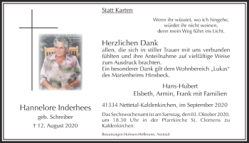 Traueranzeige von Hannelore Inderhees von Rheinische Post