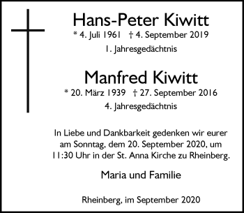 Traueranzeige von Hans-Peter und Manfred Kiwitt von Rheinische Post