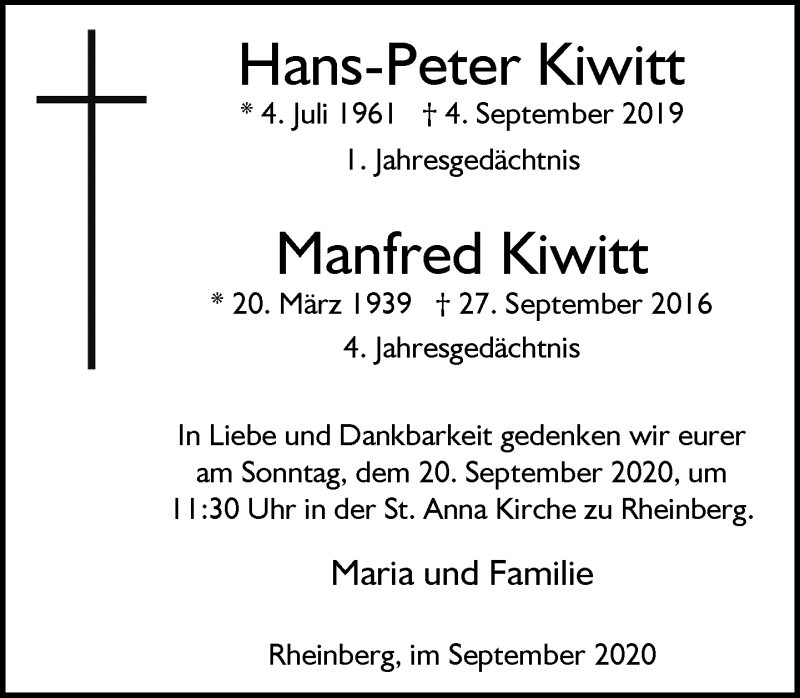  Traueranzeige für Hans-Peter und Manfred Kiwitt vom 12.09.2020 aus Rheinische Post