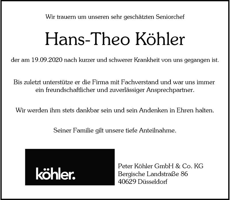  Traueranzeige für Hans-Theo Köhler vom 26.09.2020 aus Rheinische Post