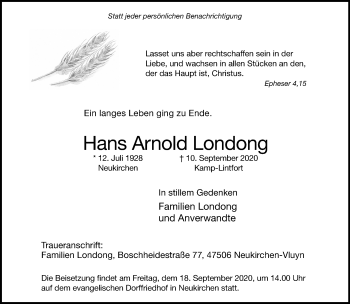 Traueranzeige von Hans Arnold Londong von Rheinische Post