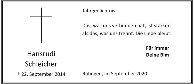  Traueranzeige für Hansrudi Schleicher vom 23.09.2020 aus Rheinische Post