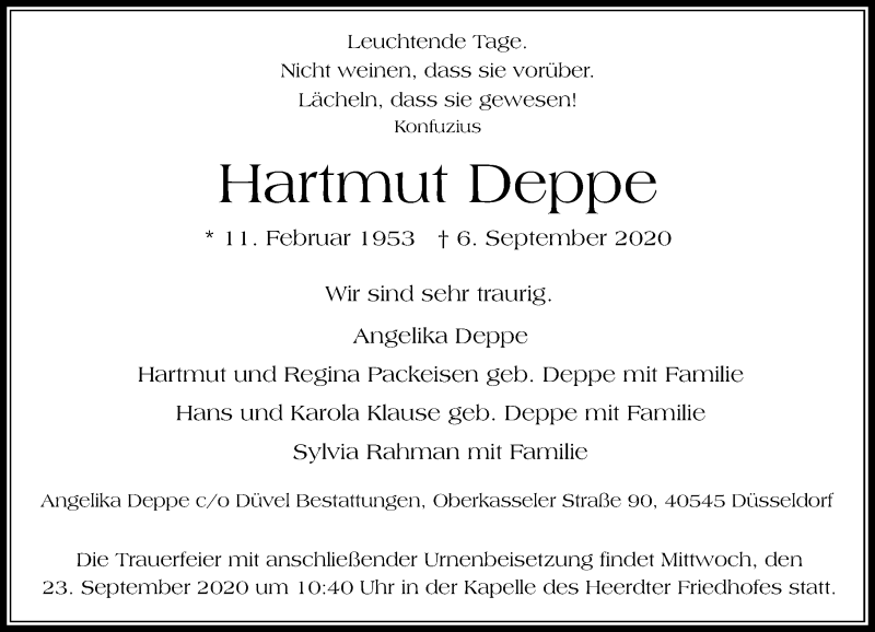 Traueranzeige für Hartmut Deppe vom 12.09.2020 aus Rheinische Post