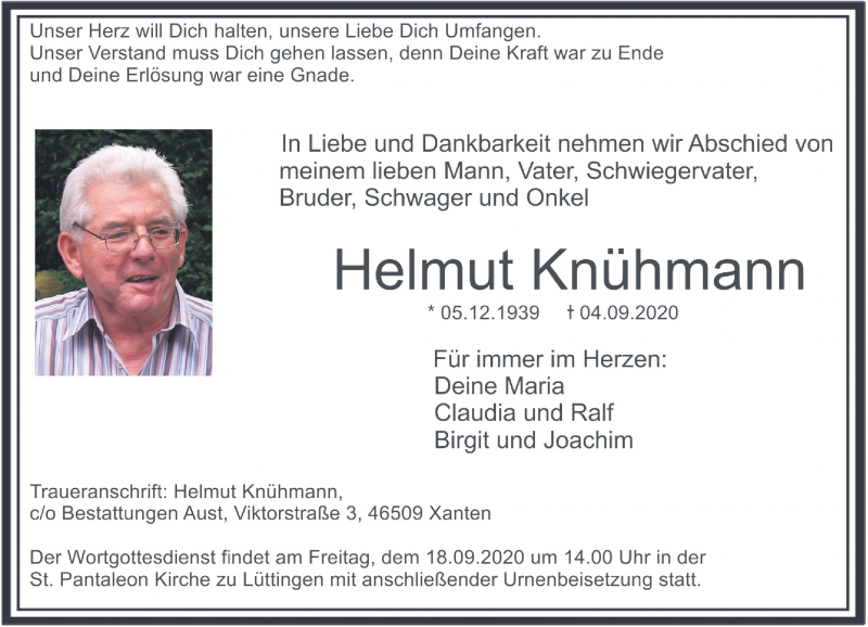  Traueranzeige für Helmut Knühmann vom 14.09.2020 aus Rheinische Post