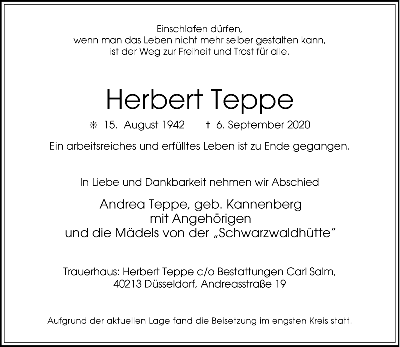  Traueranzeige für Herbert Teppe vom 19.09.2020 aus Rheinische Post