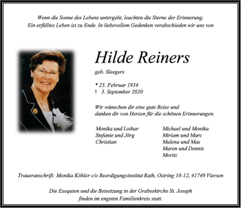 Traueranzeige von Hilde Reiners von Rheinische Post