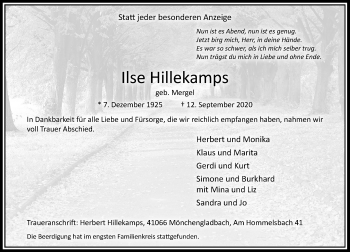 Traueranzeige von Ilse Hillekamps von Rheinische Post