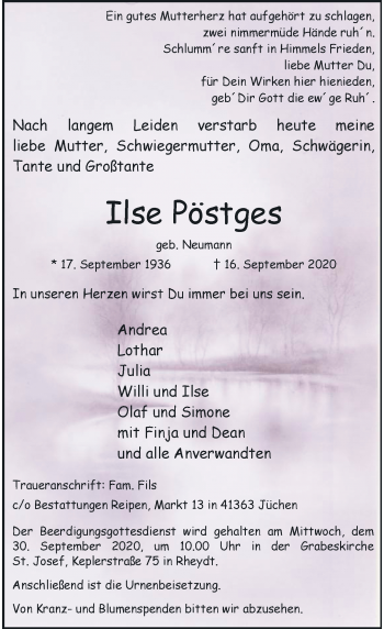 Traueranzeige von Ilse Pöstges von Rheinische Post