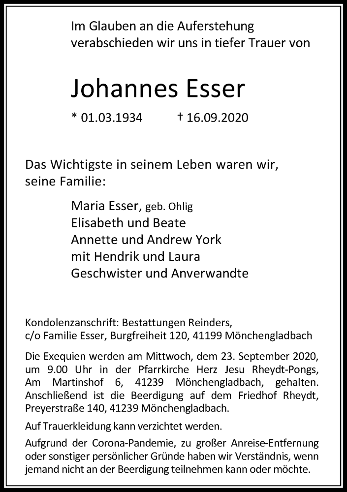  Traueranzeige für Johannes Esser vom 19.09.2020 aus Rheinische Post