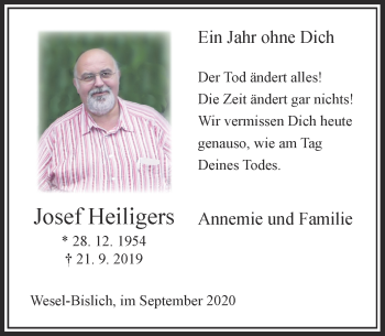 Traueranzeige von Josef Heiligers von Rheinische Post