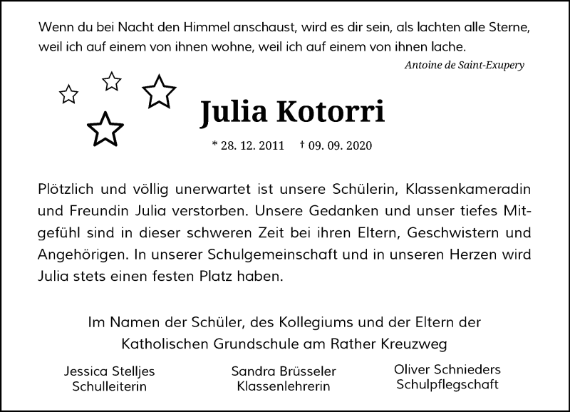  Traueranzeige für Julia Kotorri vom 19.09.2020 aus Rheinische Post