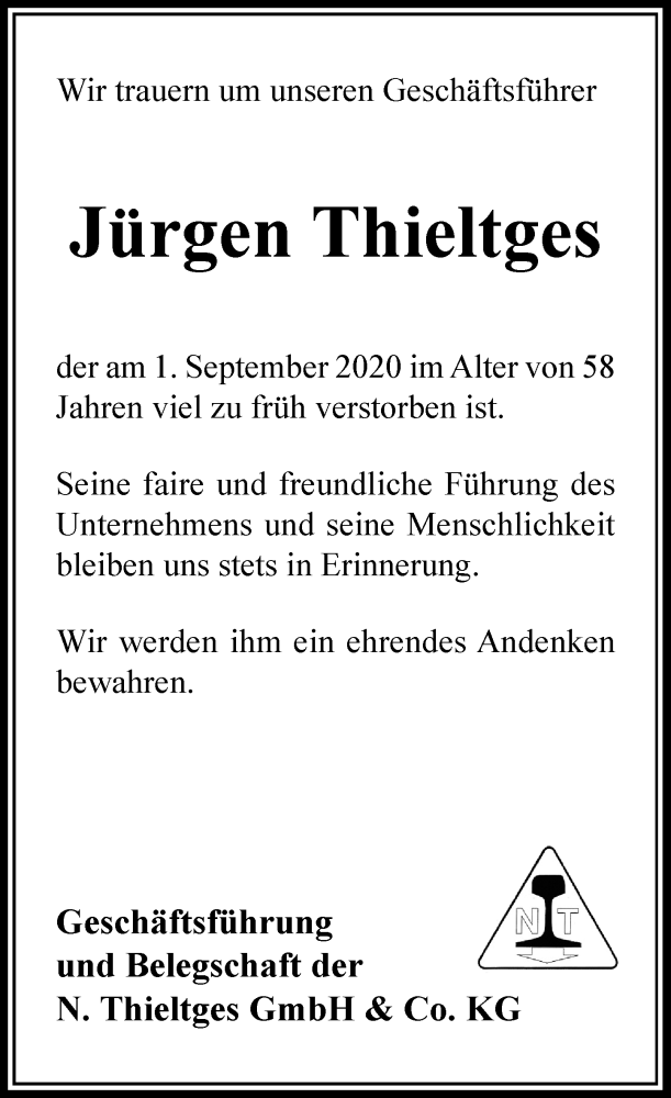  Traueranzeige für Jürgen Thieltges vom 12.09.2020 aus Rheinische Post