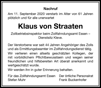 Traueranzeige von Klaus von Straaten von Rheinische Post