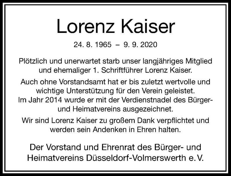  Traueranzeige für Lorenz Kaiser vom 19.09.2020 aus Rheinische Post