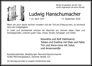 Traueranzeige von Ludwig Hanschumacher von Rheinische Post