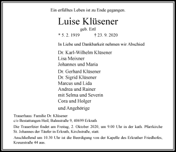 Traueranzeige von Luise Klüsener von Rheinische Post