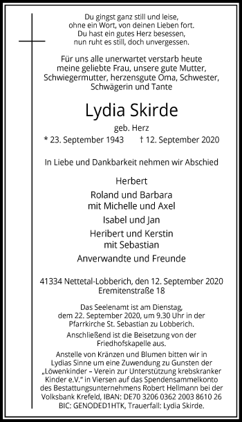 Traueranzeige von Lydia Skirde von Rheinische Post